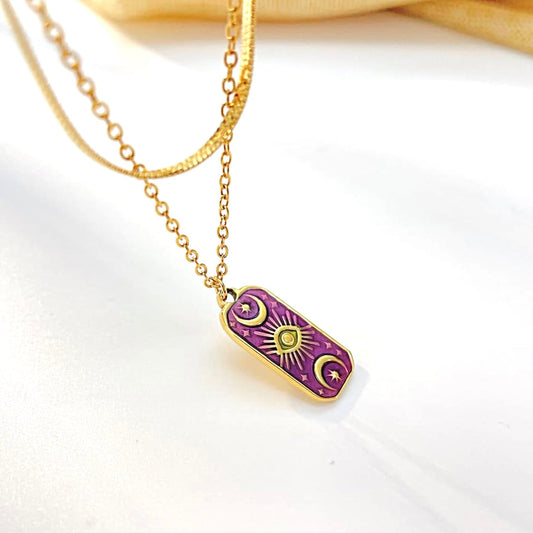 Gold Zodiac Layered Necklace – Minimalist Herringbone & Sun Tarot Pendant Necklace
