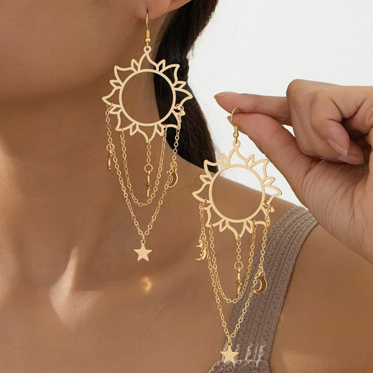 Celestial Charm Dangle Earrings – Sun, Moon & Star in Vermeil Gold | Hypoallergenic & Lightweight