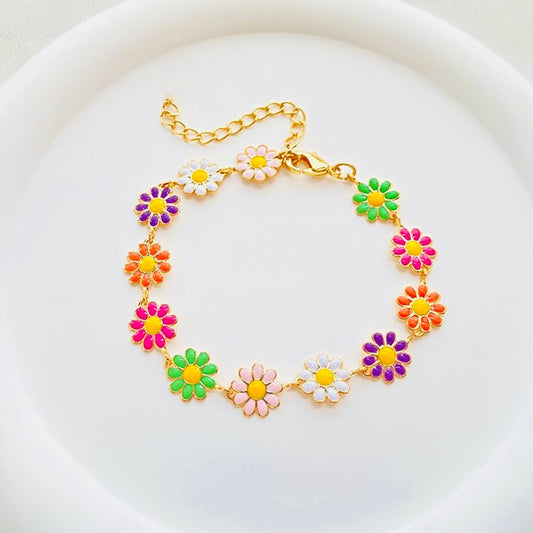 Multi-Colored 10K Vermeil Gold & Silver Flower Bracelet – Hypoallergenic, Waterproof & Adjustable