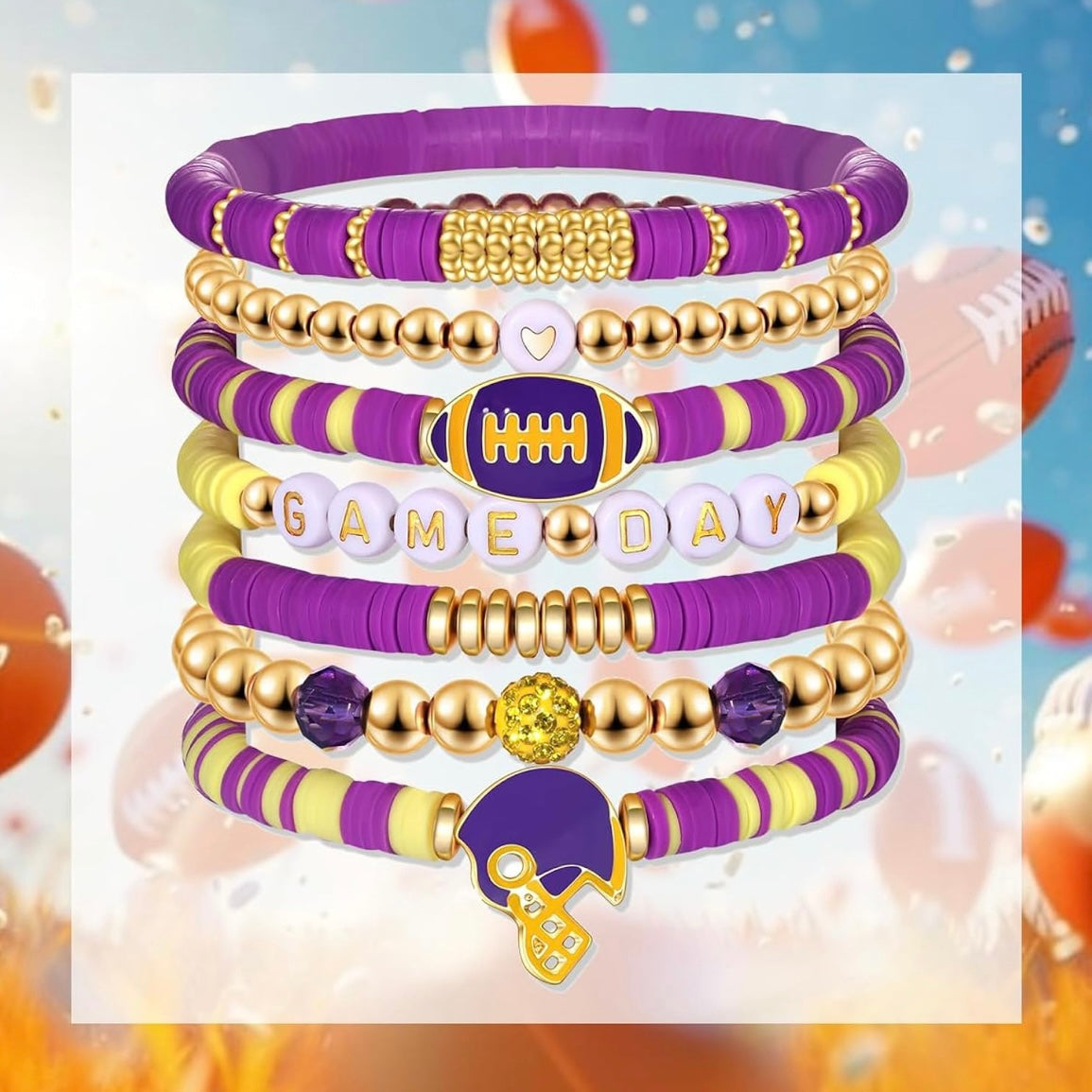 Game Day 8 piece Stackable Friendship FootBall CZ Beaded Charm Bracelet Set In Various Colors & Styles