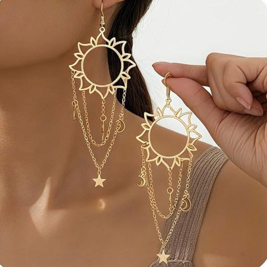 Celestial Charm Dangle Earrings – Sun, Moon & Star in Vermeil Gold | Hypoallergenic & Lightweight