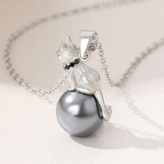 Elegant Rare 925 Diamond Cut Cubic Zirconia Fresh Water Pearl Unique Cat Pendant And 18” Silver WaterWave Chain Set