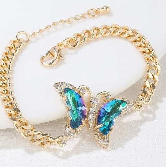 Sparkling Blue Sapphire Butterfly Pendant on 14k Vermeil Gold Cuban Link Bracelet