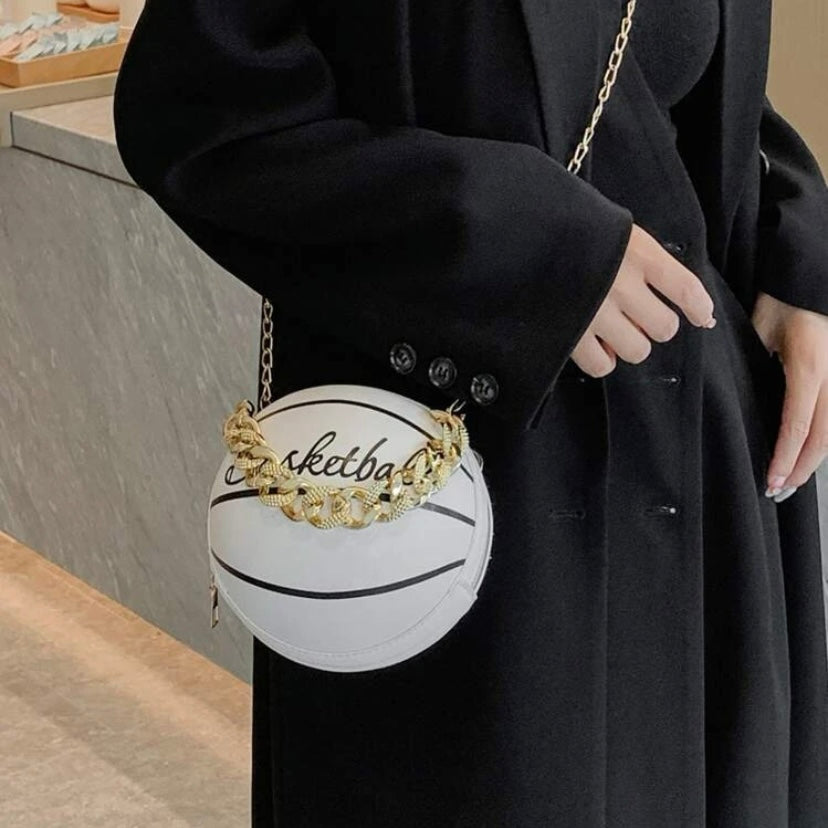 Cross Body Vegan Leather Basketball Handbag w/ CZ Gold Chain, Several Colors & Styles Available