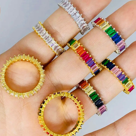 Exquisite Multi Color Flawless Cut Cubic Zirconia 14k Gold Silver Eternity Baguette Ring Size 7