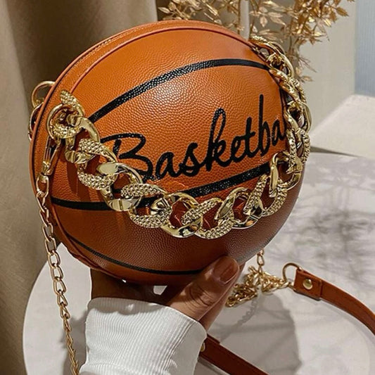 Cross Body Vegan Leather Basketball Handbag w/ CZ Gold Chain, Several Colors & Styles Available